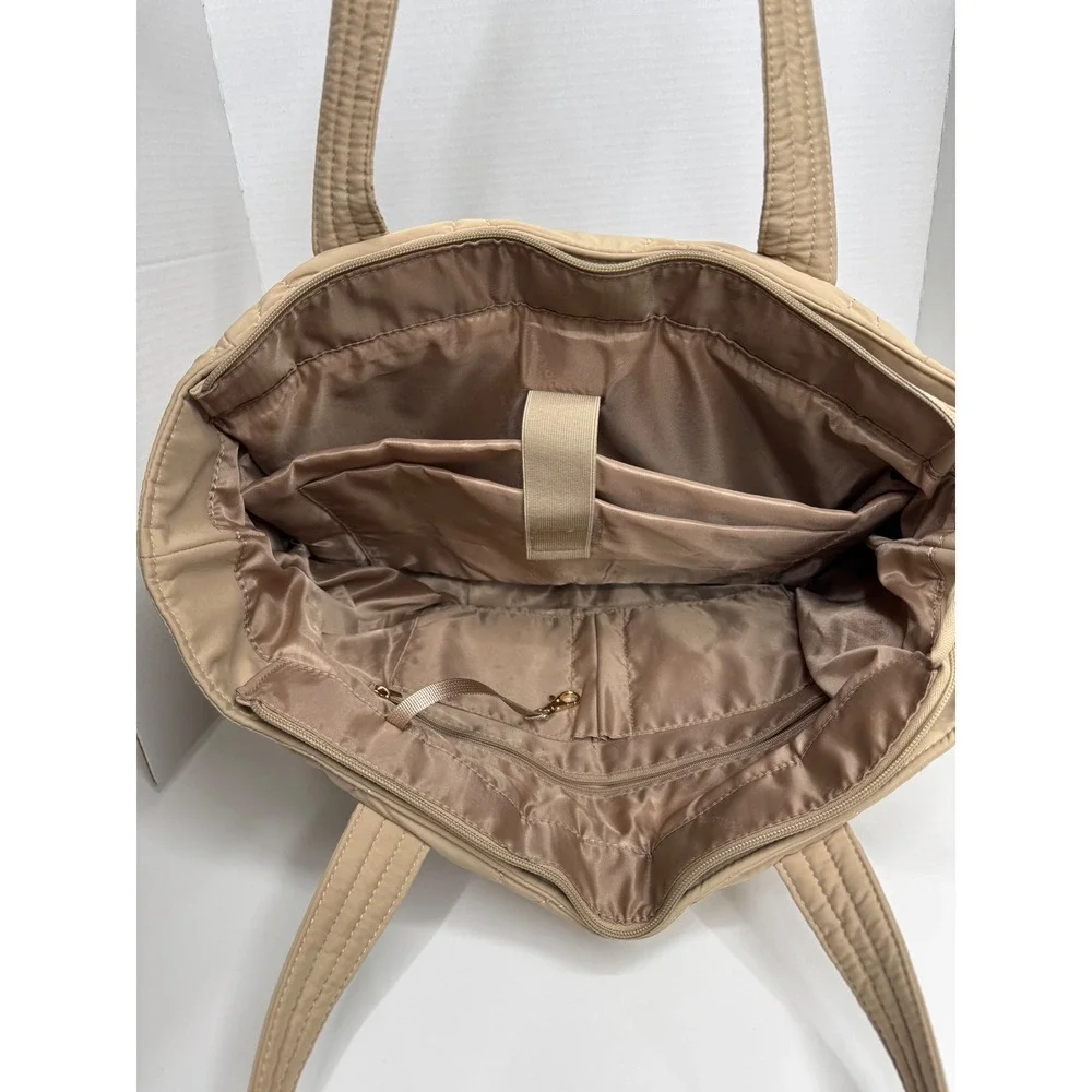 Lovevook Tan Quilted Nylon Tote Bag Padded Laptop Shoulder Bag Beige Large
